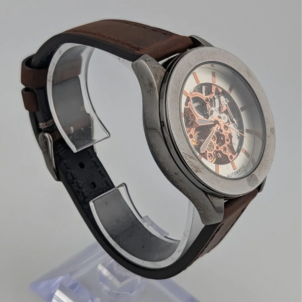 Anne Klein Automatic Skeleton Watch Rose Gold Tone Brown Leather 40mm TY2807RG